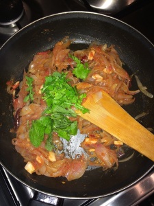 Add the coriander and mint leaves.