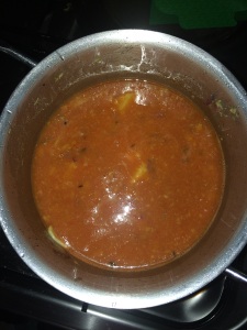 Add the pureed tomatoes to the sauteed mixture. Add required amount of water and allow it boil.